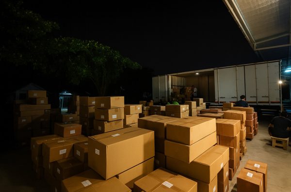 Carton boxes stacked in the NastoCamp camping tent factory warehouse, showing packaging and shipment preparation.