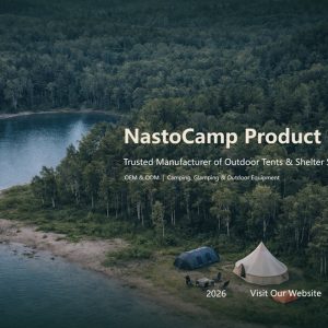 NastoCamp 2026 tent catalog featuring camping tents, glamping tents, inflatable tents, humanitarian tents, and outdoor gear