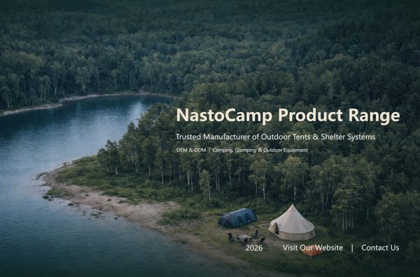 NastoCamp 2026 tent catalog featuring camping tents, glamping tents, inflatable tents, humanitarian tents, and outdoor gear