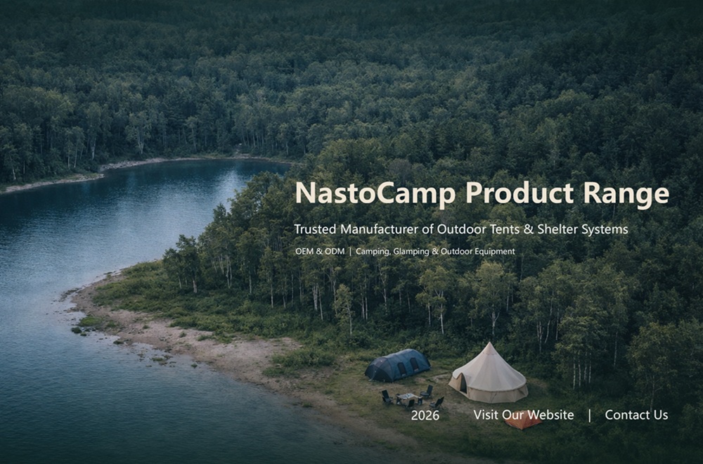 NastoCamp 2026 tent catalog featuring camping tents, glamping tents, inflatable tents, humanitarian tents, and outdoor gear