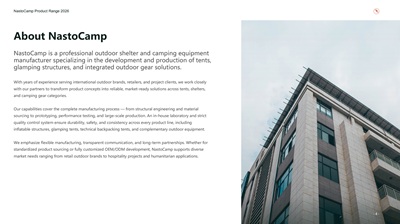 About NastoCamp page from the 2026 tent manufacturer catalog