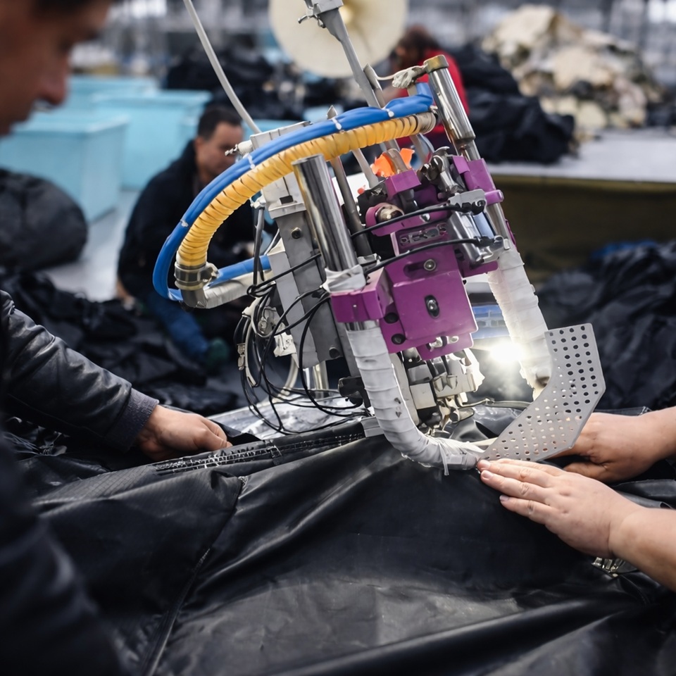 OEM tent manufacturing process showing heat sealing machine and fabric assembly in factory