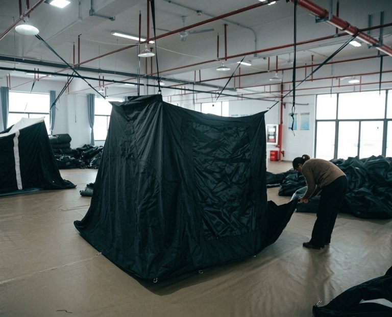 OEM tent manufacturing process in factory showing production line and assembly workflow