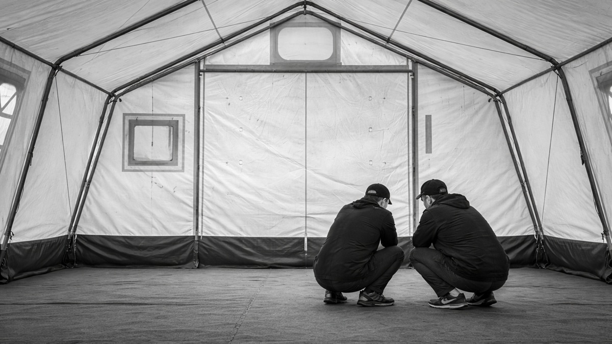 Technical experts conducting a 100% final inspection and structural verification of a completed large-scale tent.