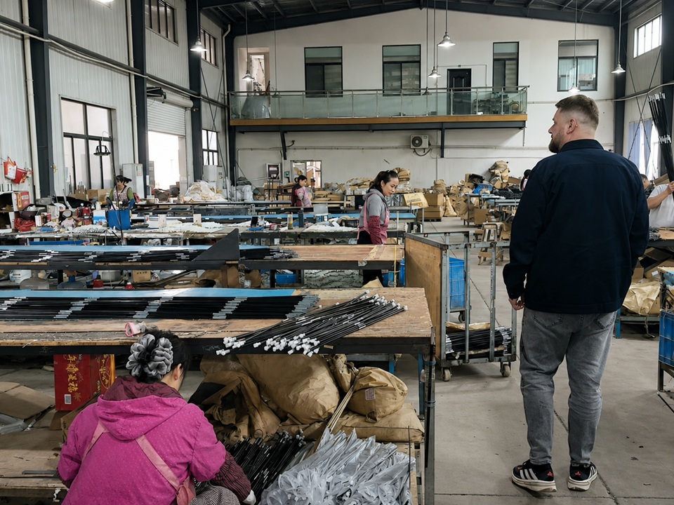 Customer inspection visit at tent pole supplier facility for OEM tent project quality verification