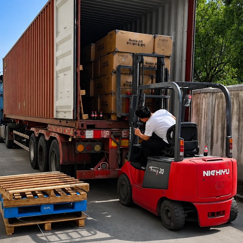 B2B bulk cargo container loading and logistics fulfillment at NastoCamp factory.