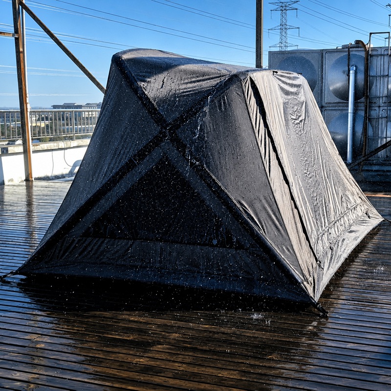 Rigorous waterproof hydrostatic pressure testing for NastoCamp camping fabrics.