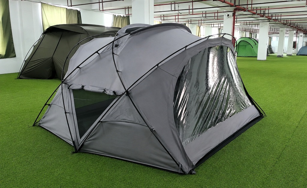 Gray glamping tent side mesh window with rolled curtain