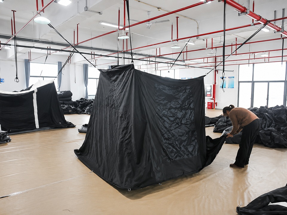 Worker performing final quality inspection on a completed tent before packing at NastoCamp factory