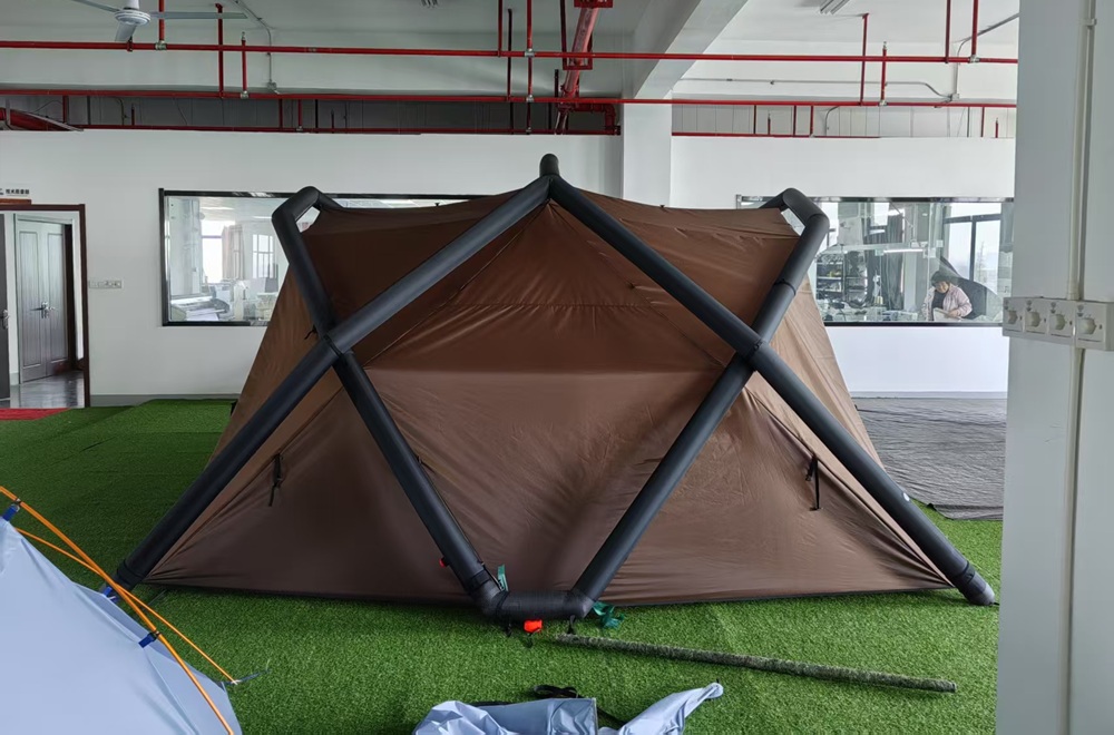 First tent sample showing water accumulation during product development testing