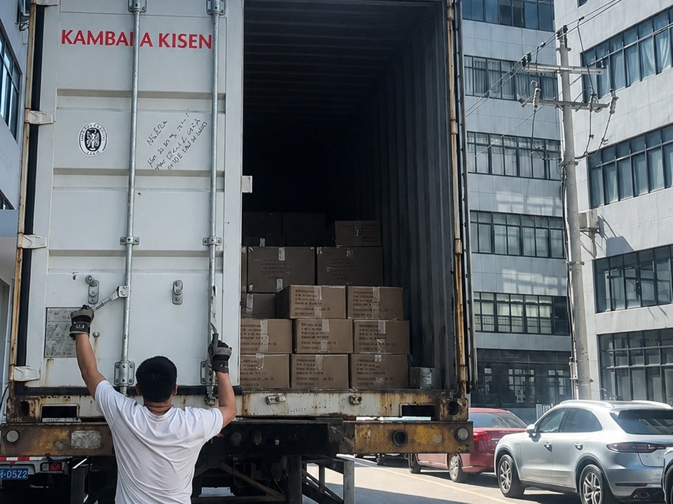 Container shipment prepared for international delivery at NastoCamp factory in January 2026