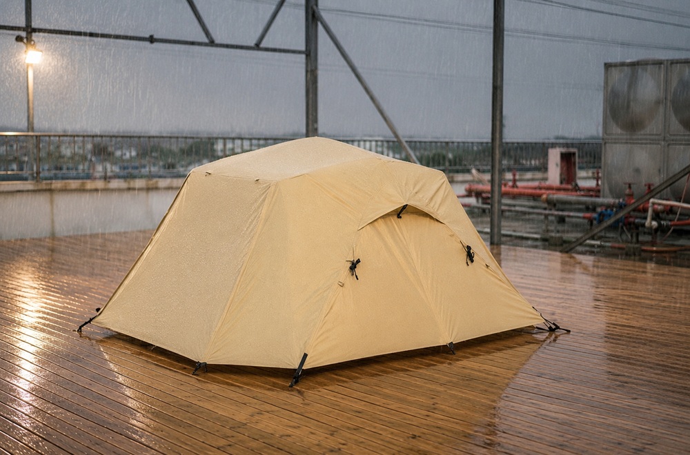 Camping tent undergoing rain testing at NastoCamp manufacturing facility