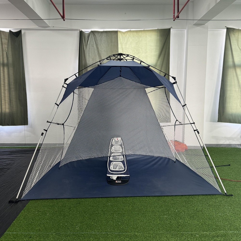 Front view of NC-SU-0013 automatic golf practice net tent displayed in NastoCamp showroom