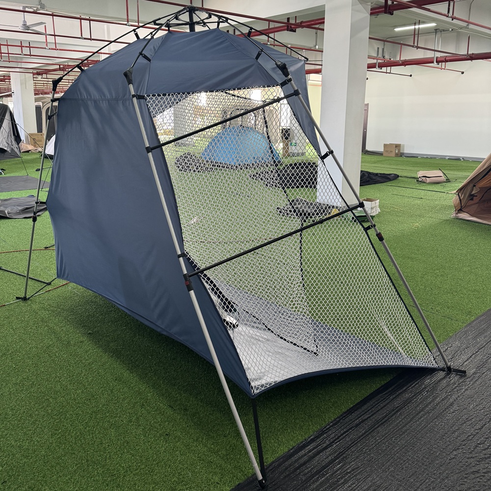 Side view of NC-SU-0013 golf practice net tent with automatic frame and impact net