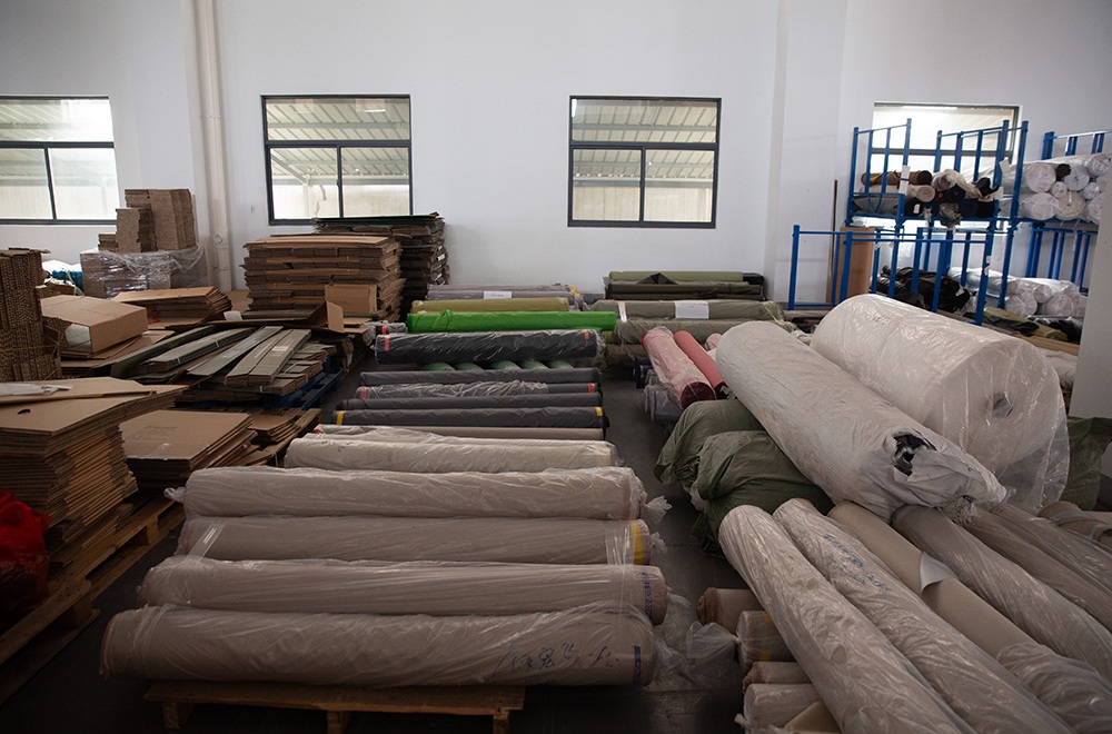 Tent fabric warehouse with polyester, Oxford, TC, cotton canvas, and other materials prepared for OEM tent manufacturing