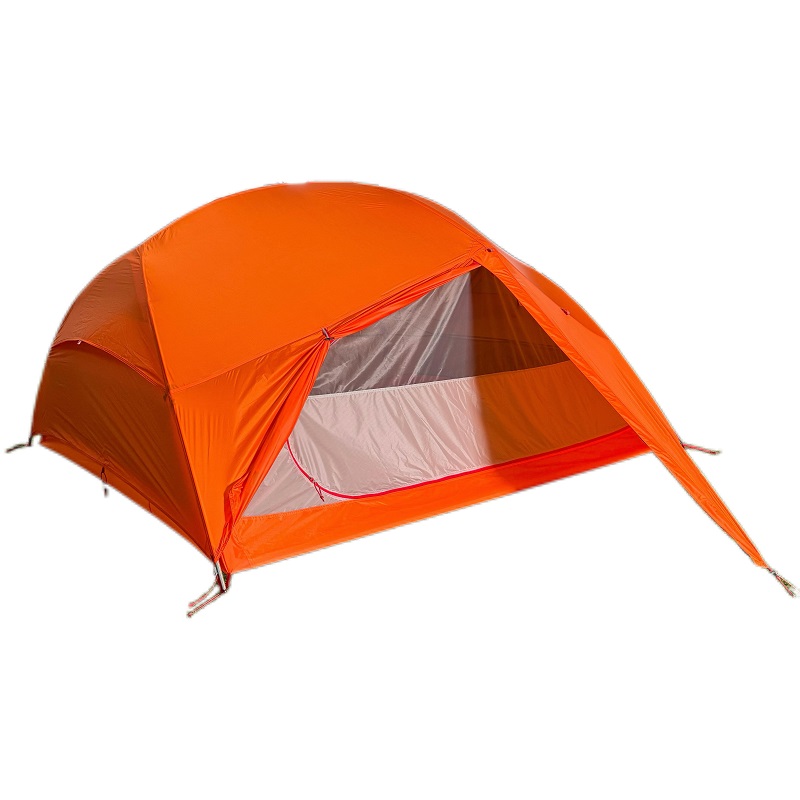 Orange 2-person backpacking tent with open entrance and double-layer inner tent