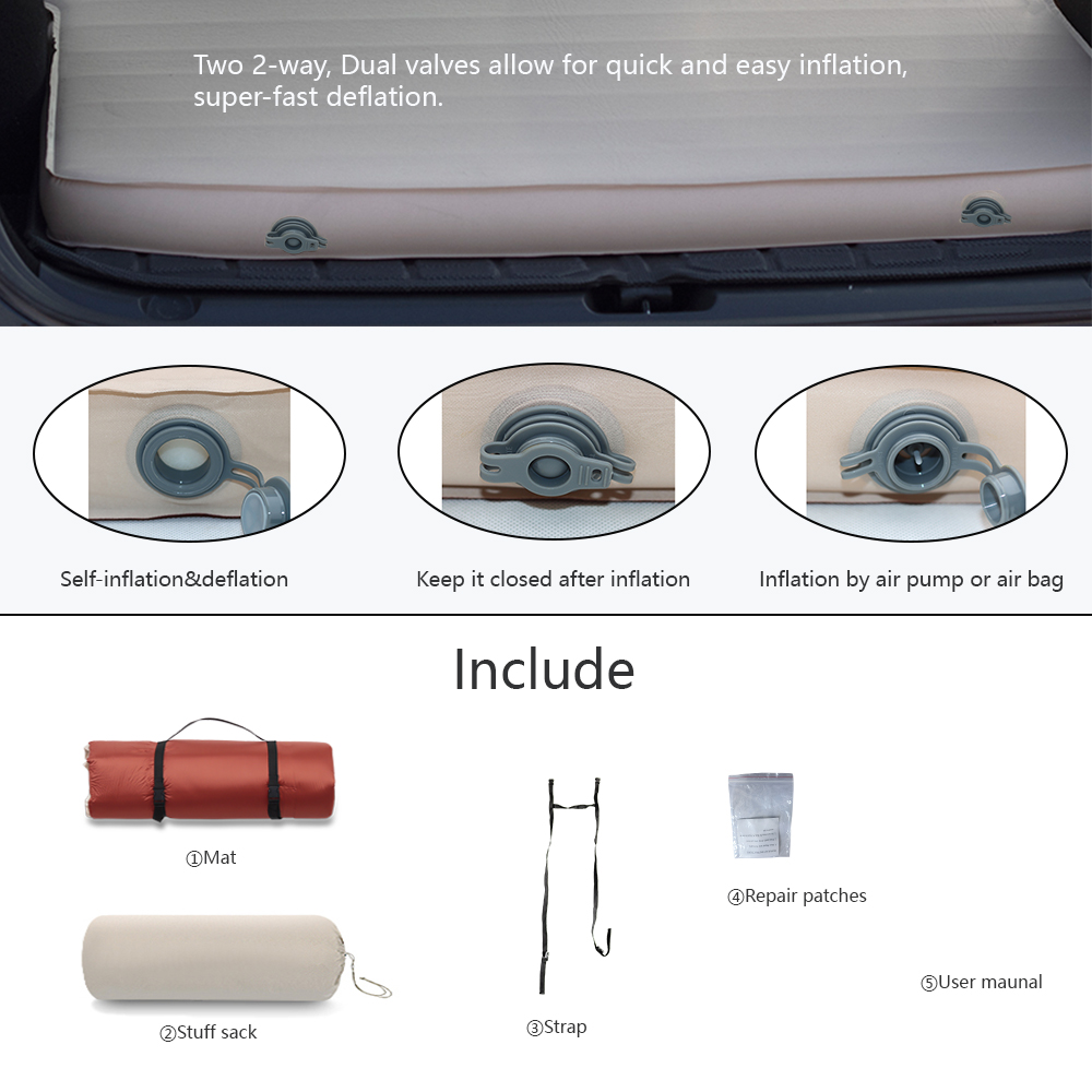 Dual valve system and accessories for self-inflating car camping mattress