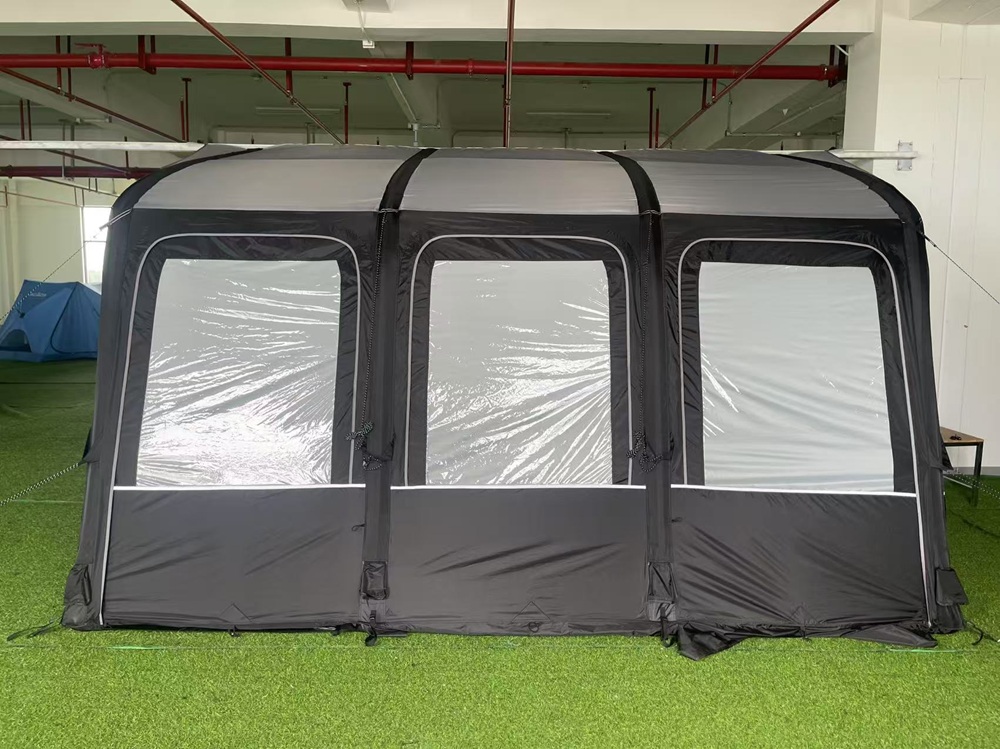 Inflatable campervan awning side view with three large windows