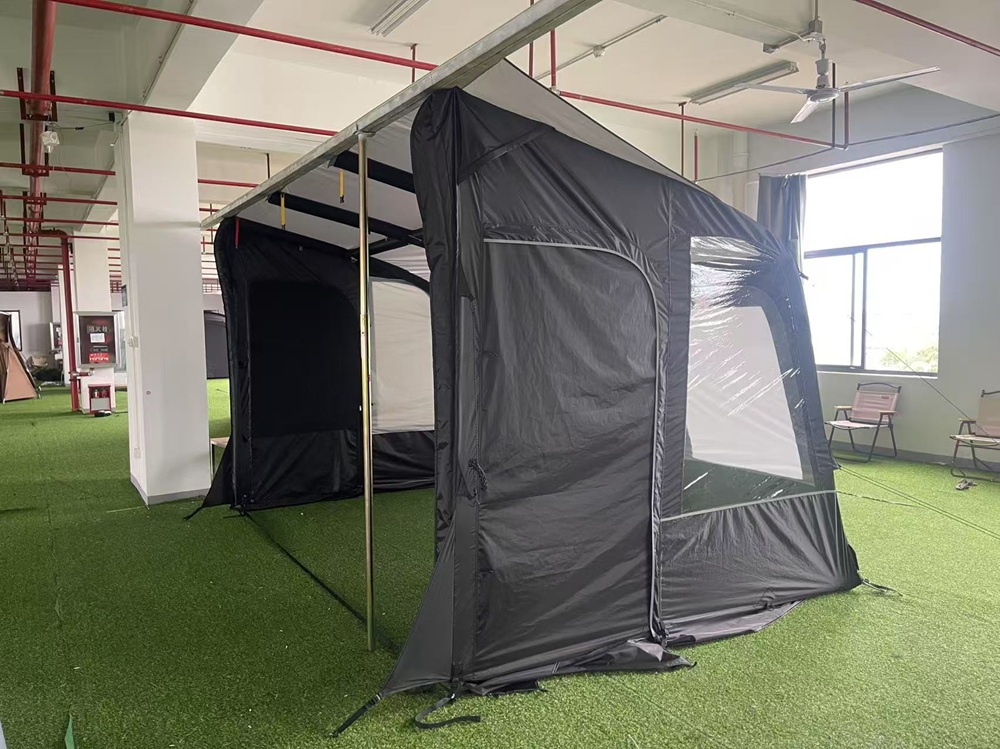Inflatable van awning with open entrance and extended sheltered area