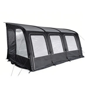 Inflatable vehicle-side awning tent with large panoramic windows