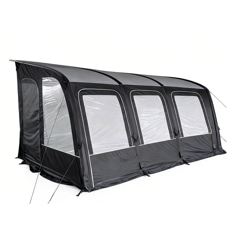 Inflatable vehicle-side awning tent with large panoramic windows
