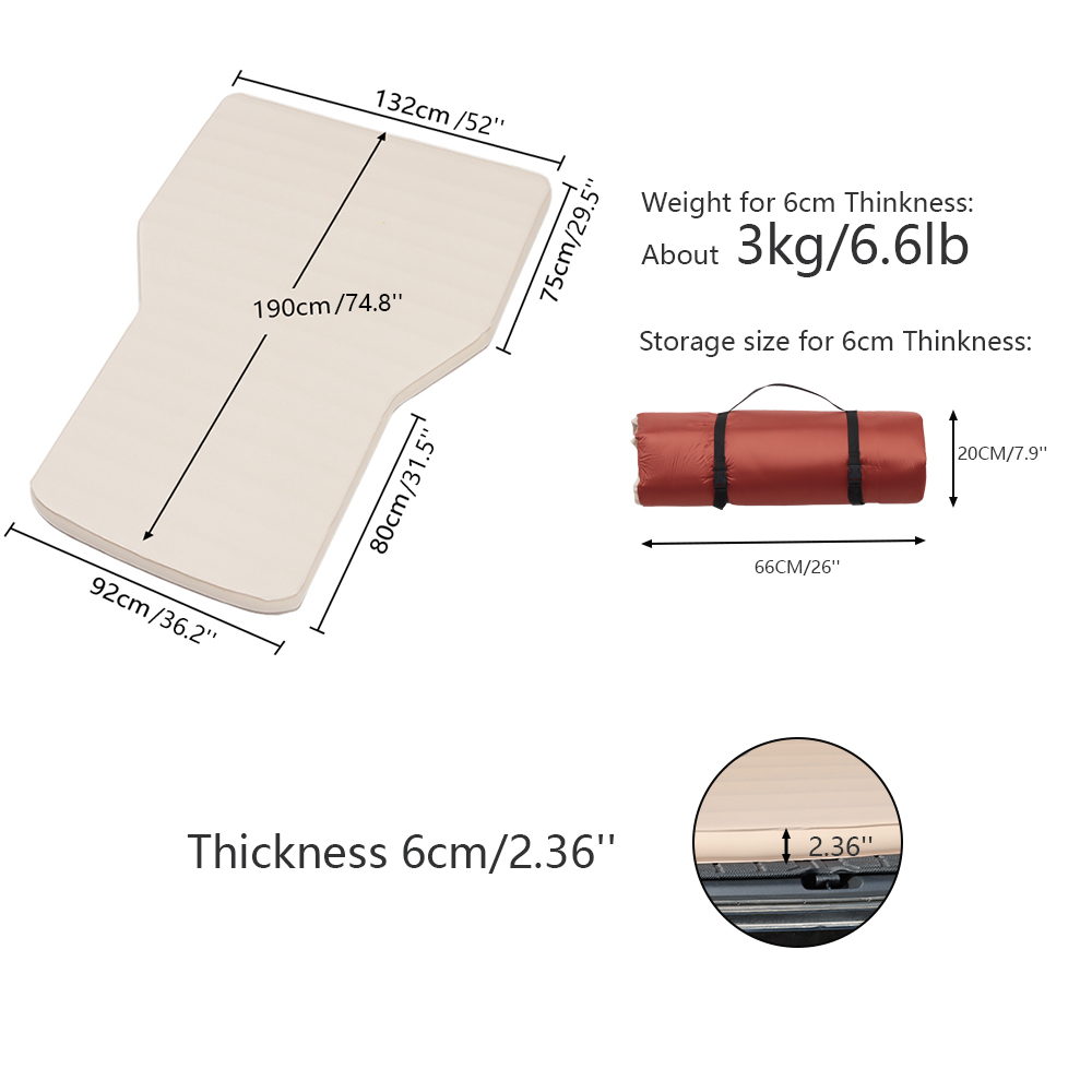 Dimensions of 6 cm self-inflating car camping mattress compatible with Tesla Model Y