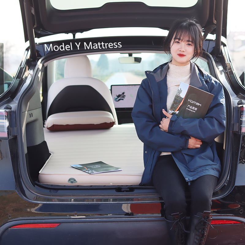 Self-inflating sleeping mattress fitted inside Tesla Model Y rear cargo sleeping area