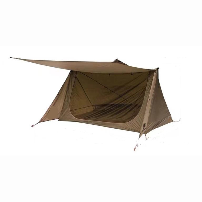 Portable bushcraft camping shelter tent with mesh front and extended rain canopy