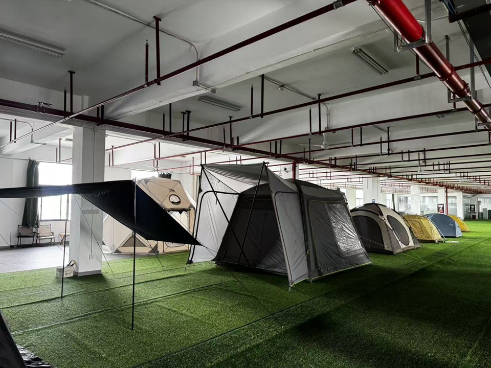 Multiple tent samples assembled for product evaluation at the NastoCamp OEM tent factory.