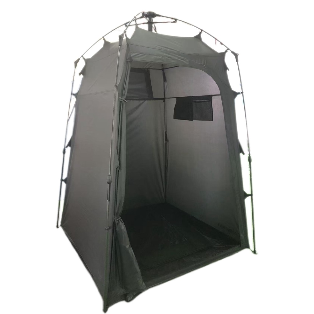 Automatic portable shower tent with open entrance and ventilated interior