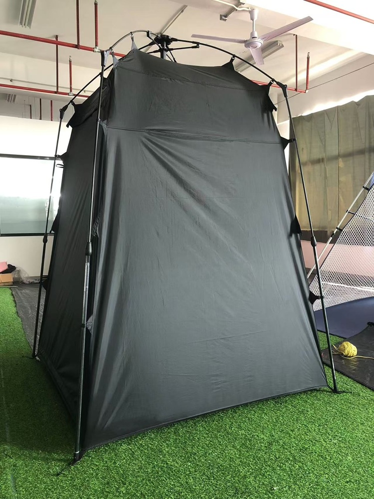 Automatic shower tent showing fiberglass quick-setup frame structure