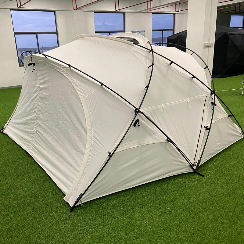Cotton dome tent sample showing aluminum pole frame and side structure