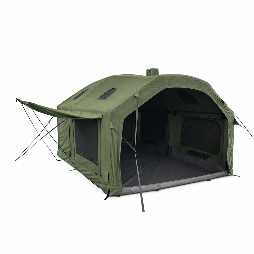 Green polycotton inflatable camping tent with large front opening and awning