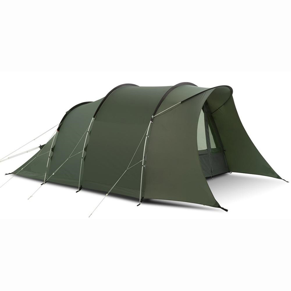 Olive green blackout family tunnel tent with extended front awning and aluminum pole structure