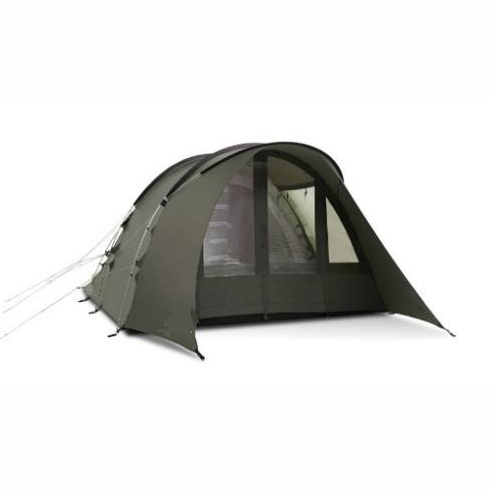 Front view of olive green family tunnel tent showing the entrance and mesh inner tent